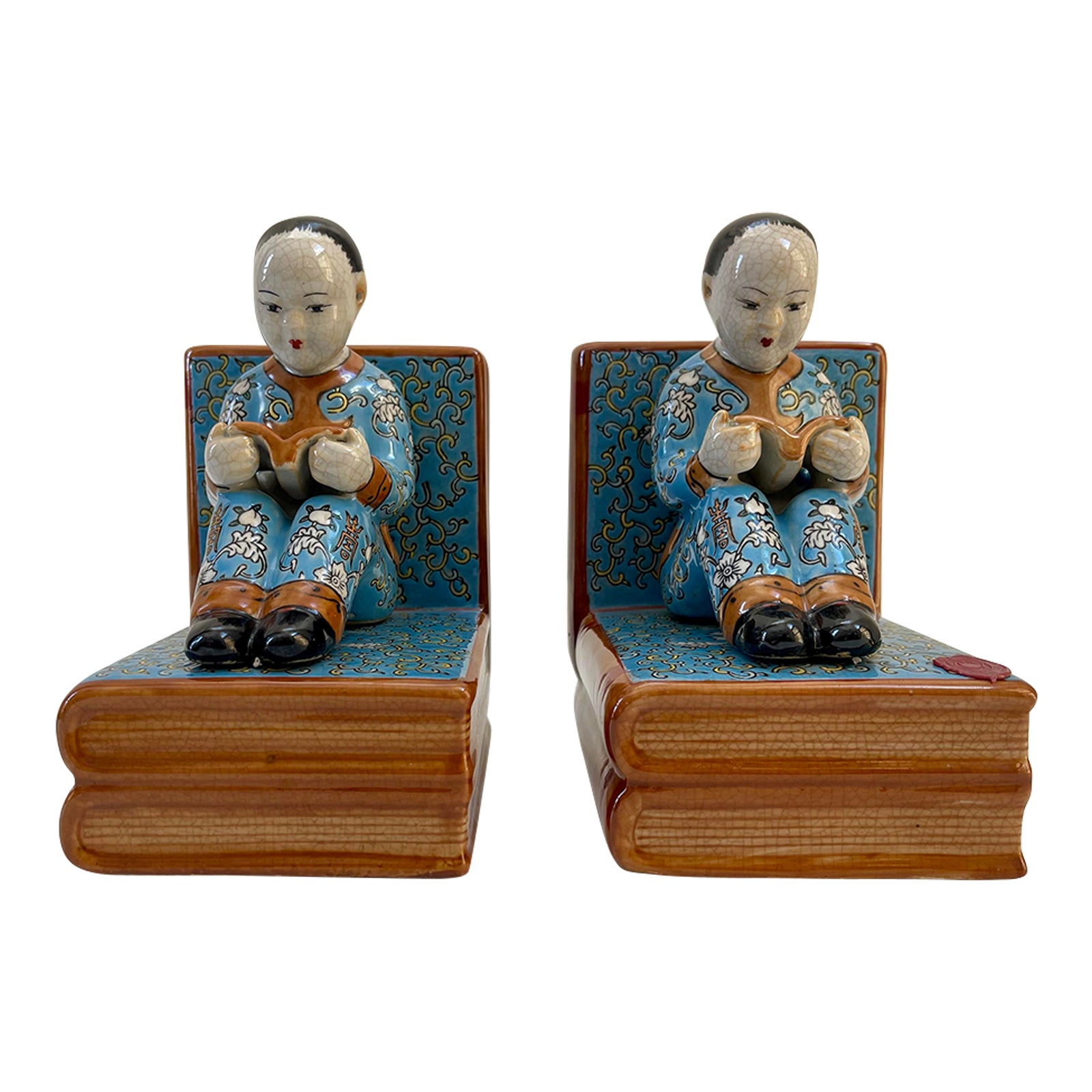 Chinese Chinoiserie Figurine Blue Porcelain Bookends - a Pair | Chairish