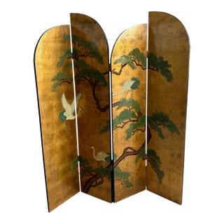 Vintage Chinese Lacquered Four-Panel Folding Screen With Cranes & Pine Trees For Sale