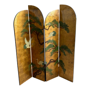 Vintage Chinese Lacquered Four-Panel Folding Screen With Cranes & Pine Trees