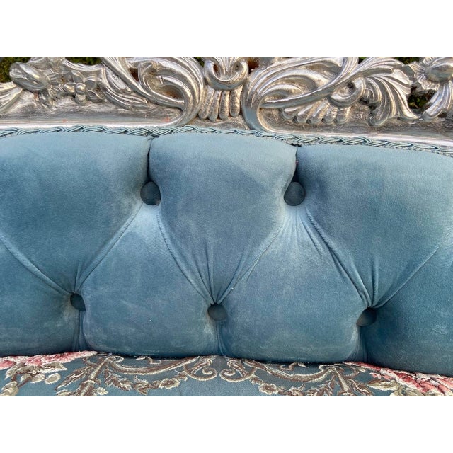 Silver 1970s French Louis XVI Blue Silver Beech Settee 1 Pc For Sale - Image 8 of 15