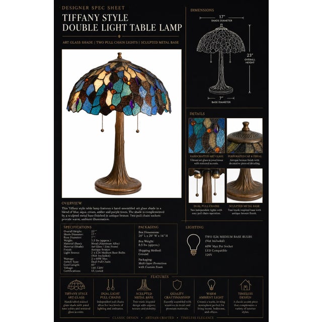 Mid-Century Modern Vintage Tiffany Style Double-Light Art Glass Table Lamp With Sculpted Bronze-Tone Base For Sale - Image 3 of 3