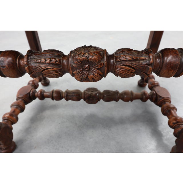 Brown Louis XIII Walnut Stool with Carved Turned Stretchers and Upholstered Seat, France, 1600s For Sale - Image 8 of 12