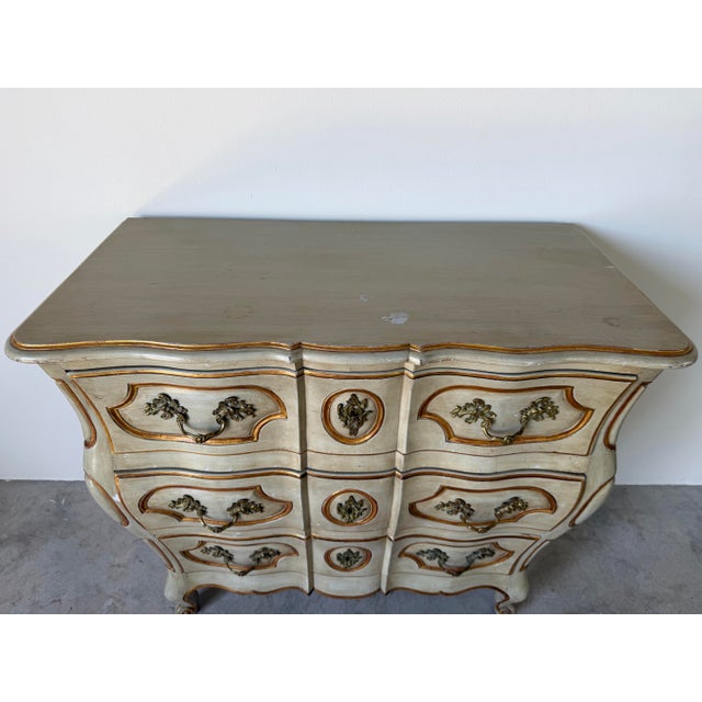 Wood Vintage Louis XV Style Bombe Chest of Drawers in Painted Finish With Ornate Brass Hardware For Sale - Image 7 of 12