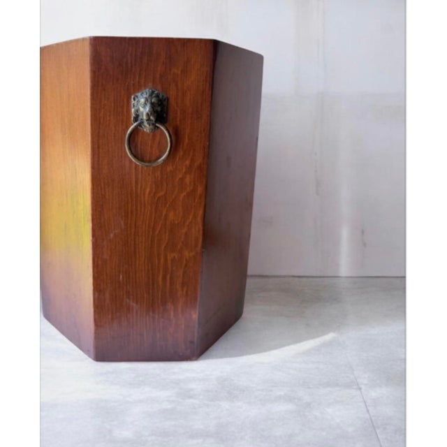 Mid-Century Modern Vintage Wood Trash Can Wastebasket Umbrella Stand Lion Head Decor…. For Sale - Image 3 of 12