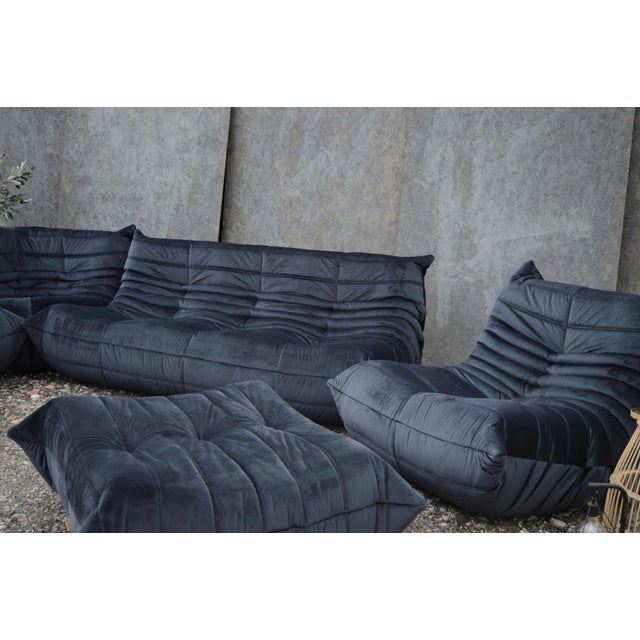 Blue Togo Sofa in Blue Velvet by Michel Ducaroy for Ligne Roset, Set of 5 For Sale - Image 8 of 12