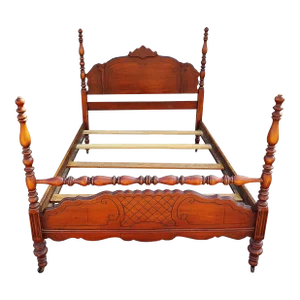 Early 20th Century Vintage Carved Solid Mahogany Full Size 4 Poster Bed With Arched Shell Headboard