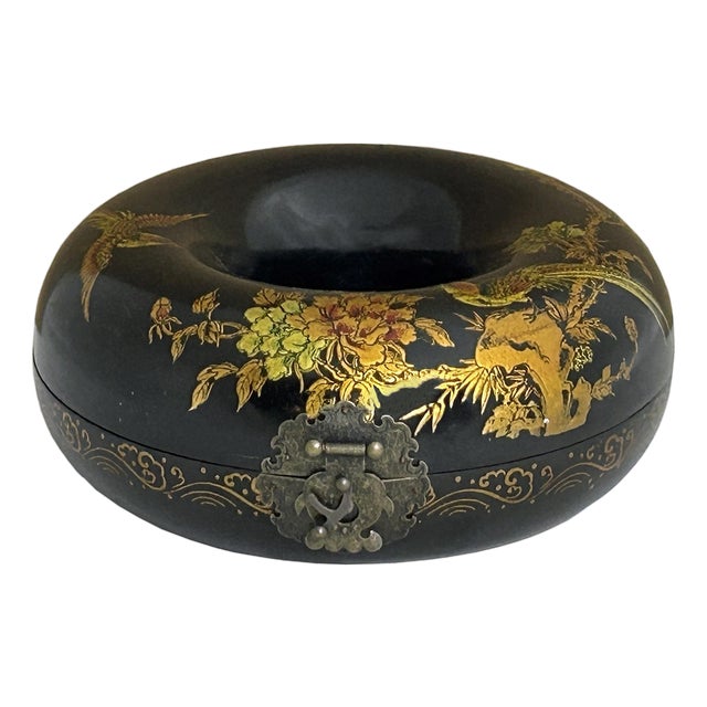 Oriental Black Flower Bird Graphic Donut Shape Container Box For Sale