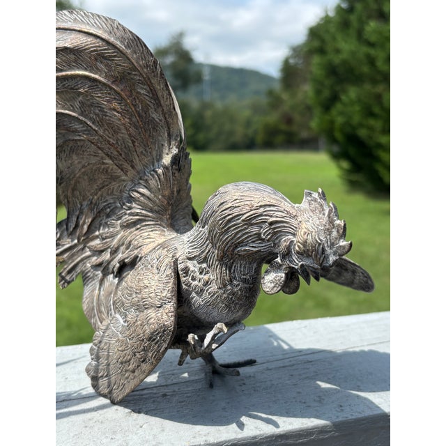 Mid 20th Century Fighting Cocks - A Pair of Highly-Detailed Mid-20th C. Silver Metal Roosters For Sale - Image 5 of 9