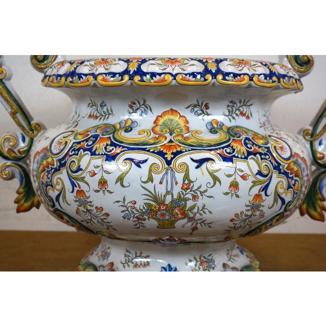 Antique French Porcelain Faience Rouen Double Handled Urn Jardiniere Pot For Sale - Image 6 of 11