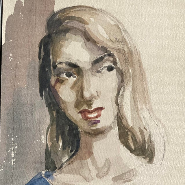 1954 Original Modern Portrait Watercolor Painting of a Woman with Long Hair For Sale - Image 4 of 9
