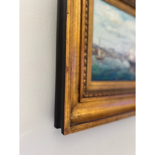 Framed Coastal Harbor Oil Painting For Sale - Image 4 of 6