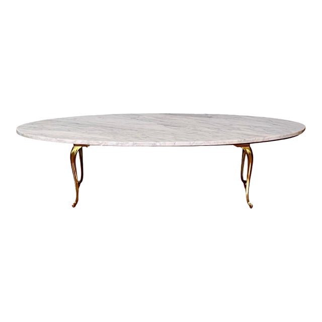 Mid 20th Century Italian Brass and Marble Oval Coffee Table For Sale