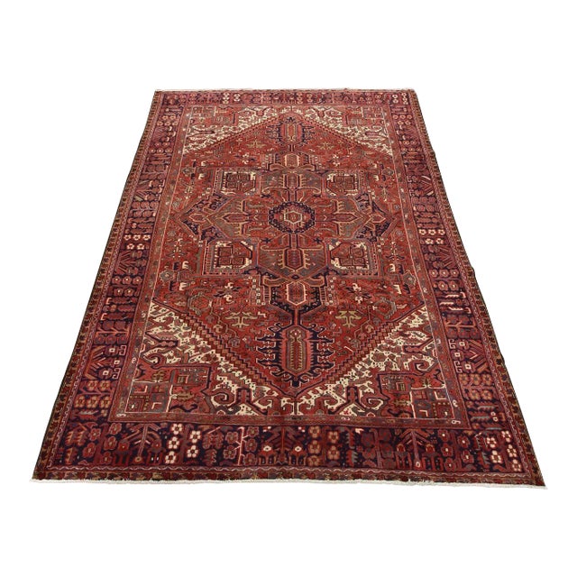 Heriz Rug 9'8'' X 13'1'' Red Wool Vintage Tribal Hand-Knotted Oriental Carpet For Sale