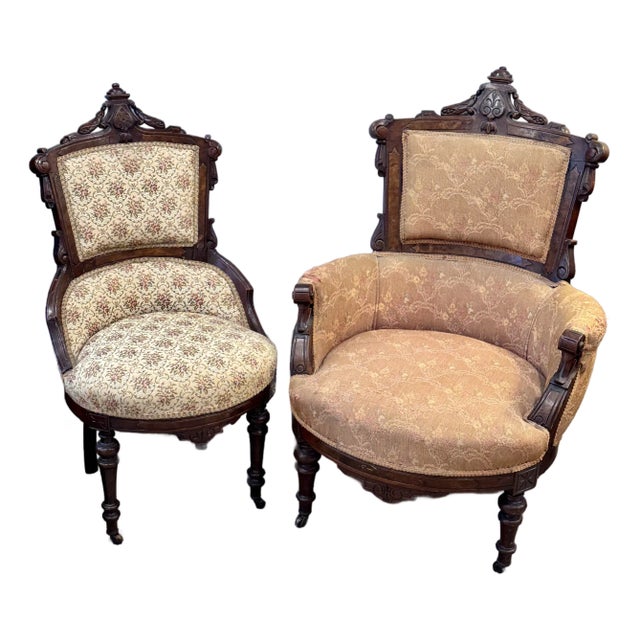 19th C Victorian Walnut Parlor Chairs, Set of Two For Sale