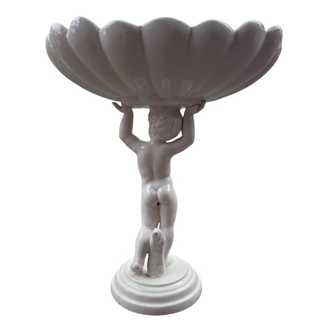 Vintage Italian White Ceramic Putto Shell Compote Bowl / Figural Centerpiece, 14" For Sale In Portland, ME - Image 6 of 8