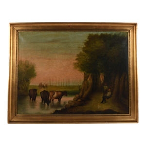 Antique Framed Cattle Watering Oil on Canvas Painting