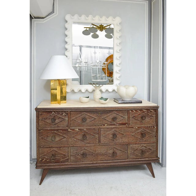 Bespoke Cerused Oak Chest in the Mid-Century Manner with a travertine top and multiple drawers. This chest can be made to...