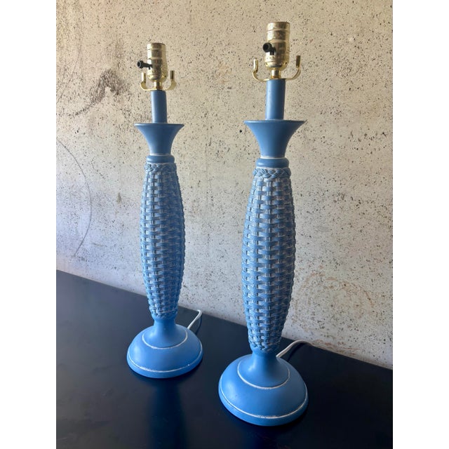 Vintage Coastal Basket Weave Blue Palm Beach Table Lamps - a Pair For Sale - Image 4 of 5
