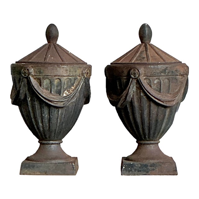 Vintage Regency Cast Iron Swag Lidded Urns - A Pair For Sale
