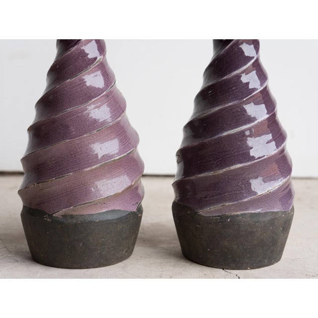 Pair of Vintage Twisted Violet Glazed Terracotta Pottery Vases, Mid 20th Century For Sale - Image 10 of 13