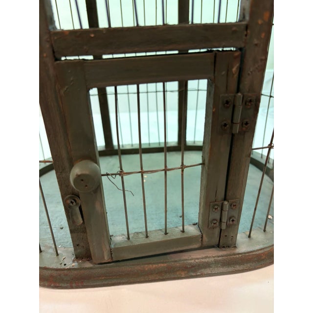 Shabby Chic Vintage Olive Green Distressed & Weatherd Wood & Wire Birdcage With Dome Top For Sale - Image 3 of 13