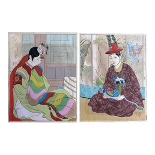 Mid 20th Century Pair Japanese Woodblock Prints La Mariee and Le Marie by Paul Jacoulet For Sale