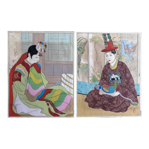 Mid 20th Century Pair Japanese Woodblock Prints La Mariee and Le Marie by Paul Jacoulet
