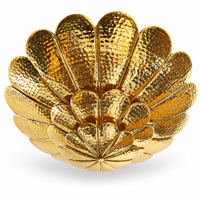 Metal Handmade Brass Flower Ceiling Light, 3 Tier Hammered Floral Chandelier, Art Deco Lotus Semi Flush Mount, Luxury Brass Ceiling Fixture 28 Inches For Sale - Image 7 of 15