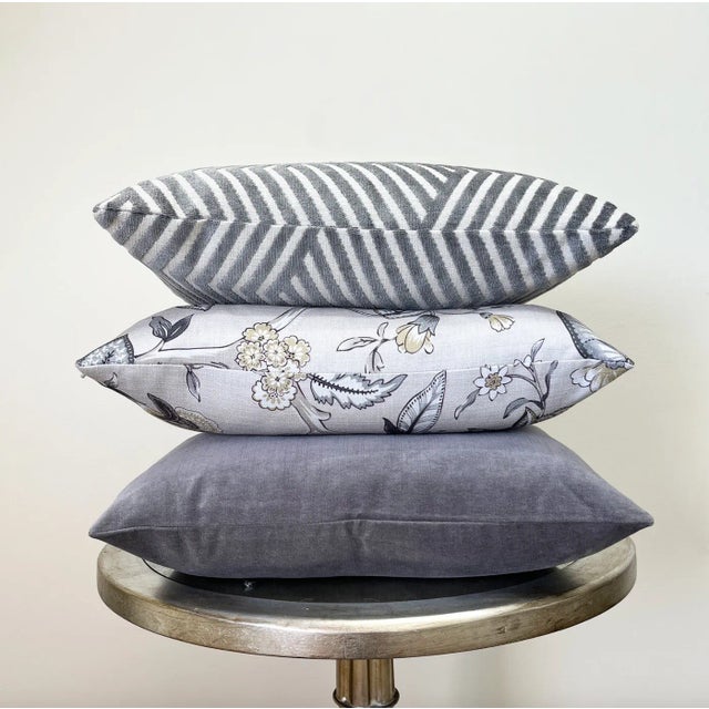 Gray Alternative Stripe Velvet Throw Pillow With Feather Down Insert For Sale - Image 4 of 7