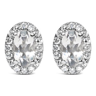 10K White Gold 5x3 MM Oval White Topaz and Diamond Halo Stud Earrings (I-J Color, I1-I2 Clarity) For Sale