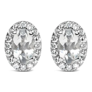 10K White Gold 5x3 MM Oval White Topaz and Diamond Halo Stud Earrings (I-J Color, I1-I2 Clarity)