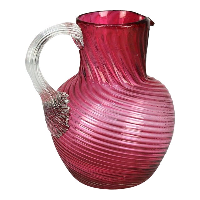 Cranberry Swirl Glass Water Pitcher With Applied Glass Handle 20thC For Sale