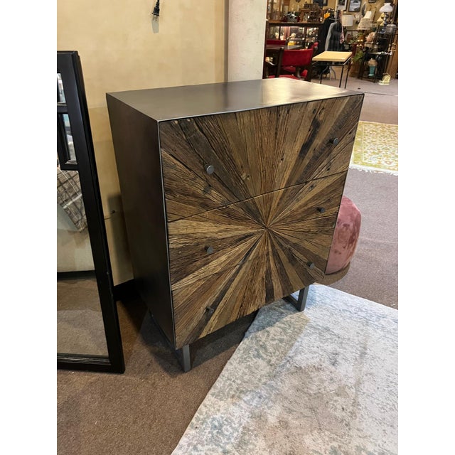 Contemporary Rough-Hewn Wood Sunburst Cabinet With Metal Base For Sale - Image 3 of 7