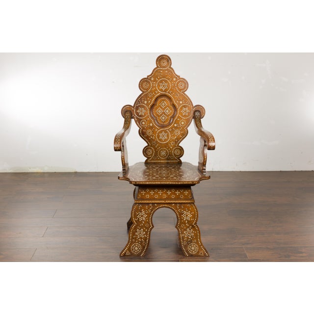 Moroccan Richly Inlaid Armchair with Carved Back and Scrolling Arms, circa 1900 For Sale In Atlanta - Image 6 of 12