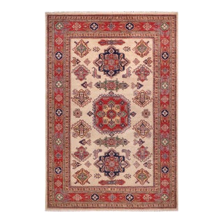 Shabby Chic Tribal Super Kazak Ivory/Red Wool Rug - 8'9'' X 11'8'' For Sale