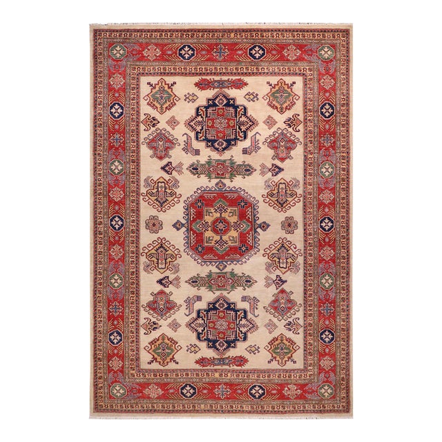 Shabby Chic Tribal Super Kazak Ivory/Red Wool Rug - 8'9'' X 11'8'' For Sale