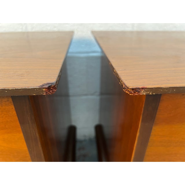 Pair of Mid-Century Walnut Nightstands With Sculpted Drawer Pulls For Sale - Image 13 of 15