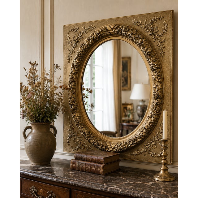An elegant French Louis XVI style wall mirror dating from the early 20th century, remarkable for the richness of its...