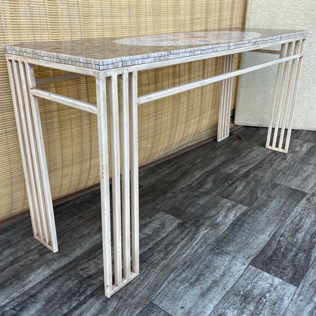 Postmodern Modern Mosaic Top Console Table. Circa 1980s Features a patinated iron base with a mosaic top. In excellent,...