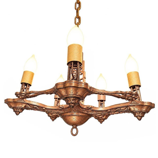 Art Deco 1920s Art Deco Brass Five Light Romantic Revival Polychrome Candelabra Chandelier For Sale - Image 3 of 7