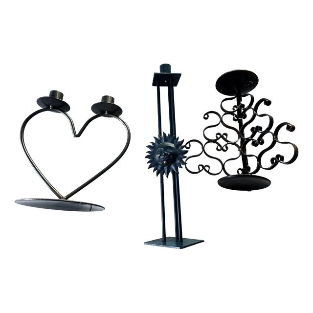 Vintage Metalwork Candlesticks, 1950s, Set of 3 For Sale