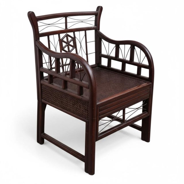 Chinese Asian Chinese Chippendale Style Ebonized Bamboo Arm Chairs - Pair For Sale - Image 3 of 5