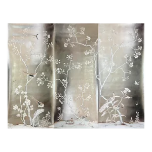 Contemporary Chinoiserie Wallpaper Hand Painted Murals on Silver Metallic Panel - 3 Panels