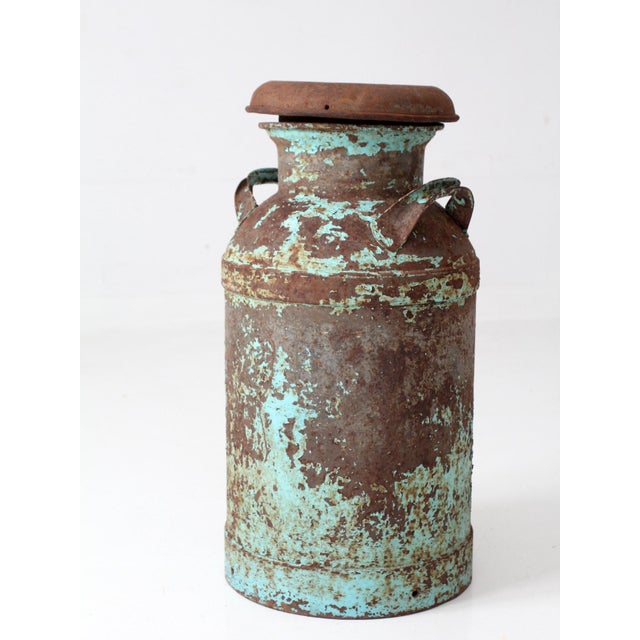 Turquoise Antique Turquoise Painted Metal Milk Can For Sale - Image 8 of 18