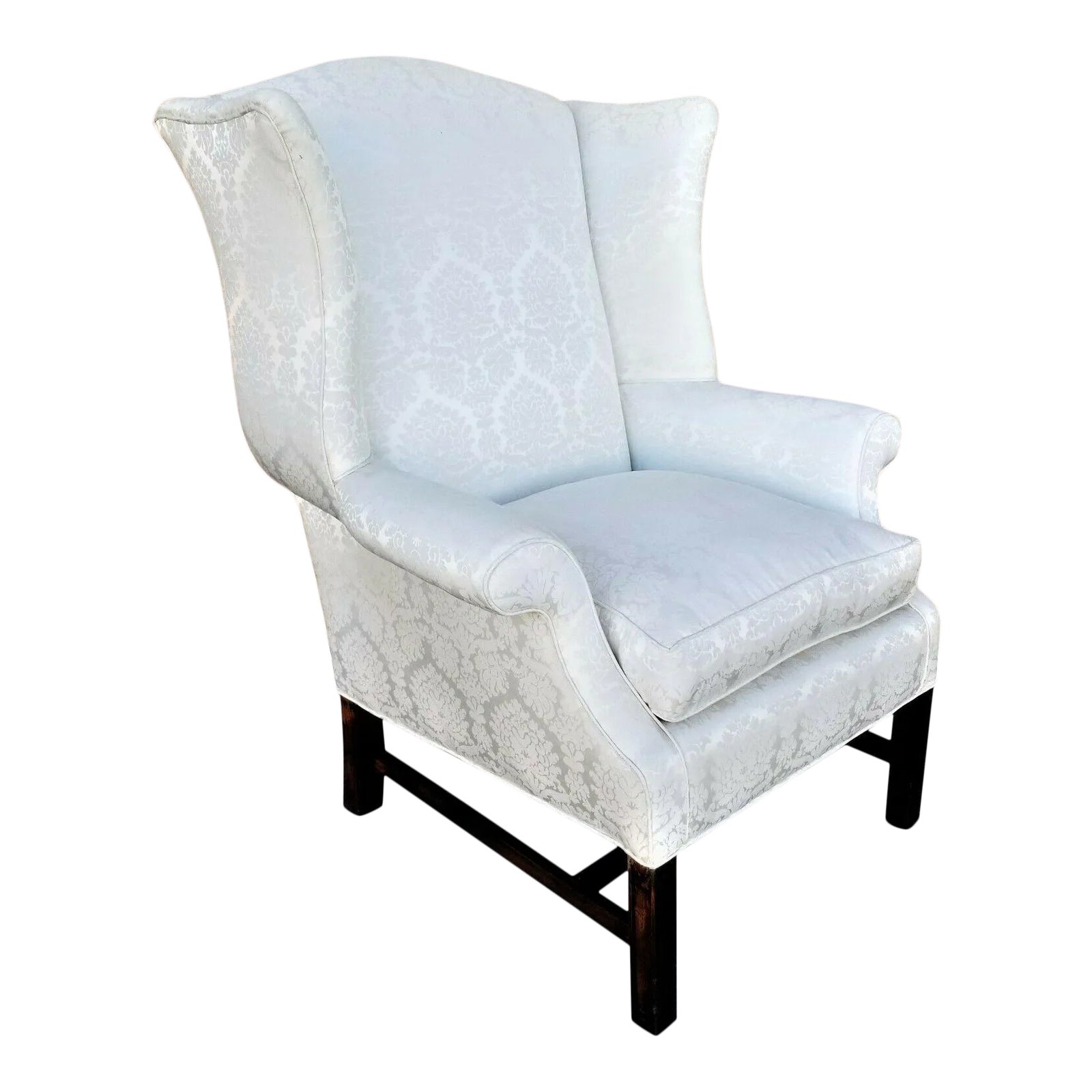 Vintage Chippendale Wingback White Brocade Satin Cotton and Down