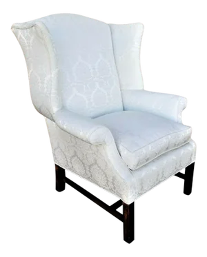 Vintage Chippendale Wingback White Brocade Satin Cotton and Down Armchair