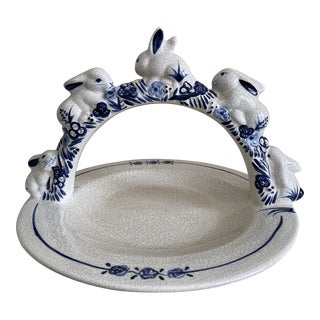 Blue & White Bunny Rabbit Cake Serving Plate For Sale