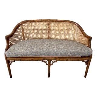 Chinoiserie Faux Bamboo & Caned Barrel Back Settee Loveseat For Sale