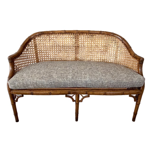 Chinoiserie Faux Bamboo & Caned Barrel Back Settee Loveseat For Sale