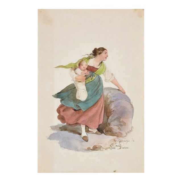 Woman - Original Ink Drawing and Watercolor by G. Dura - 19th Century 19th Century For Sale